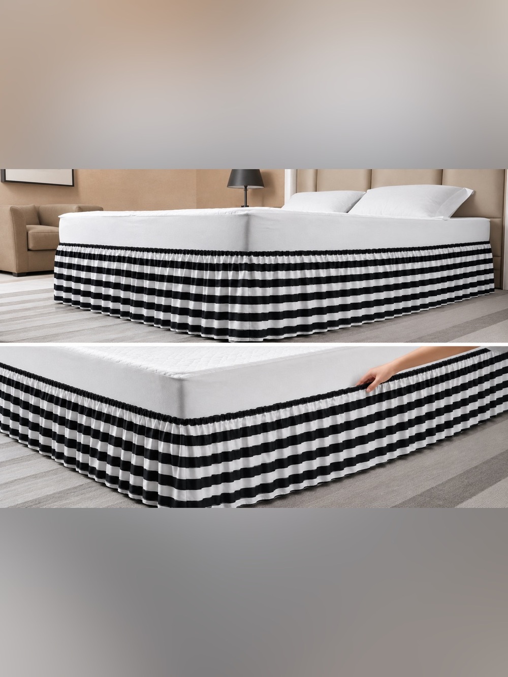 Black and White Striped Elastic Wrap-Around Bed Skirt